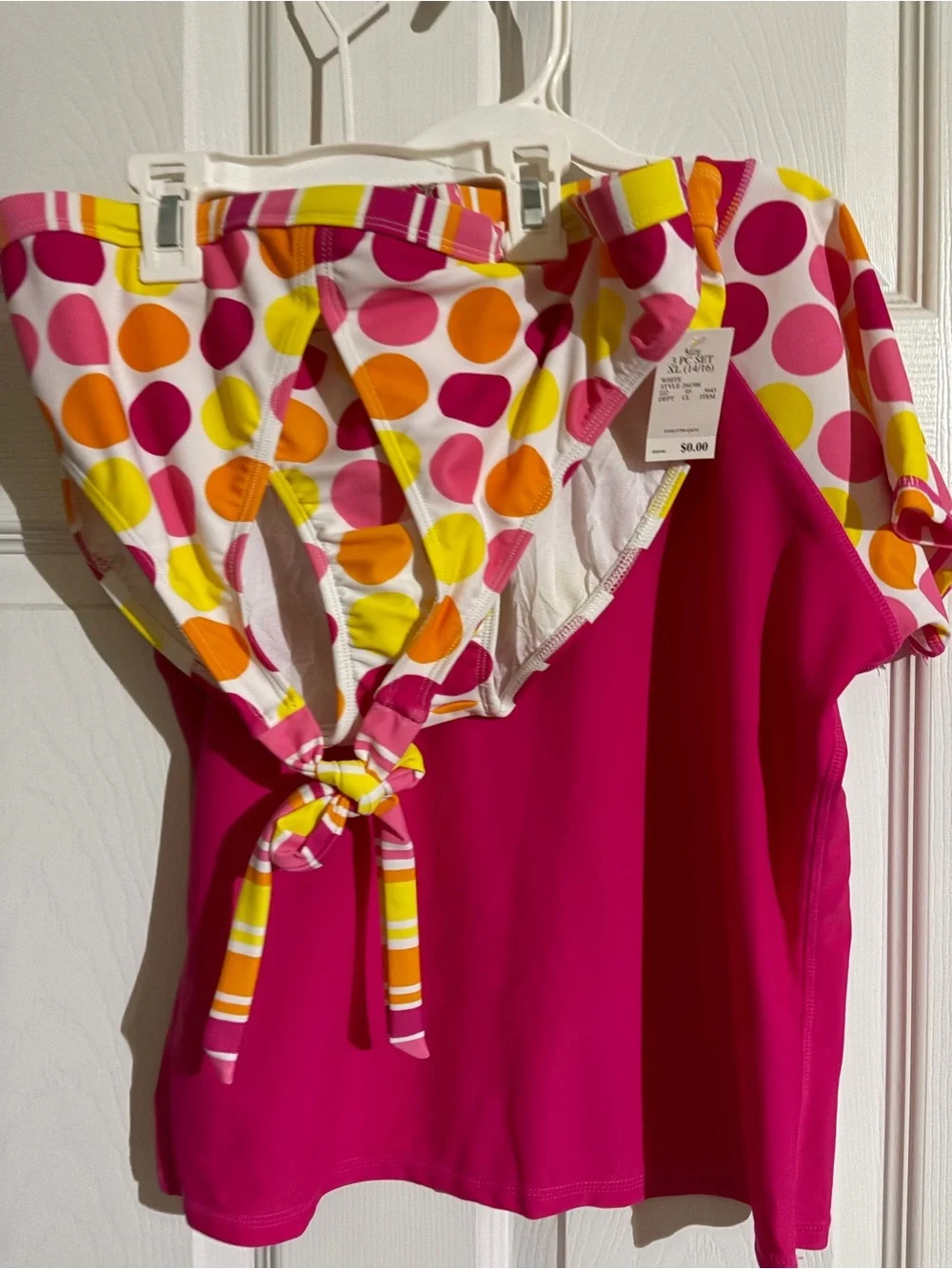 NWOT Girls Pink Multicolor Polka Dot Bikini Set w/Rash Guard Top